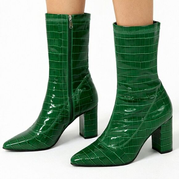 SHEIN Shoes - Emerald Green Croc Embossed Mid-Calf Boots Retro Glam Y2K Size EU 39 US 8.5
